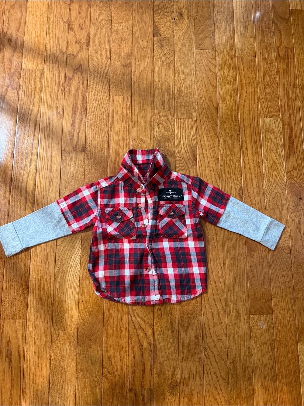 12M - 7 for all Mankind Red Plaid Layered-Look Shirt with Gray Sleeves